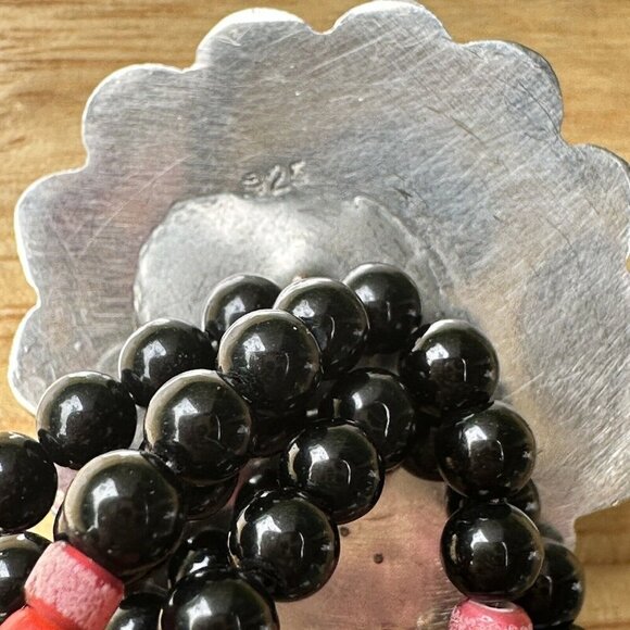 VTG Flower Sterling Silver Bracelet Buffalo Nickel Clasp Black Onyx Red Beads - Picture 13 of 15